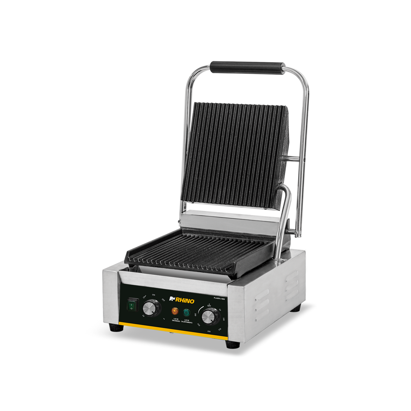 Plancha panini, plancha superior (21 x 21.5 cm) e inferior (28 x 24 cm) de hierro fundido, potencia de 1700 W