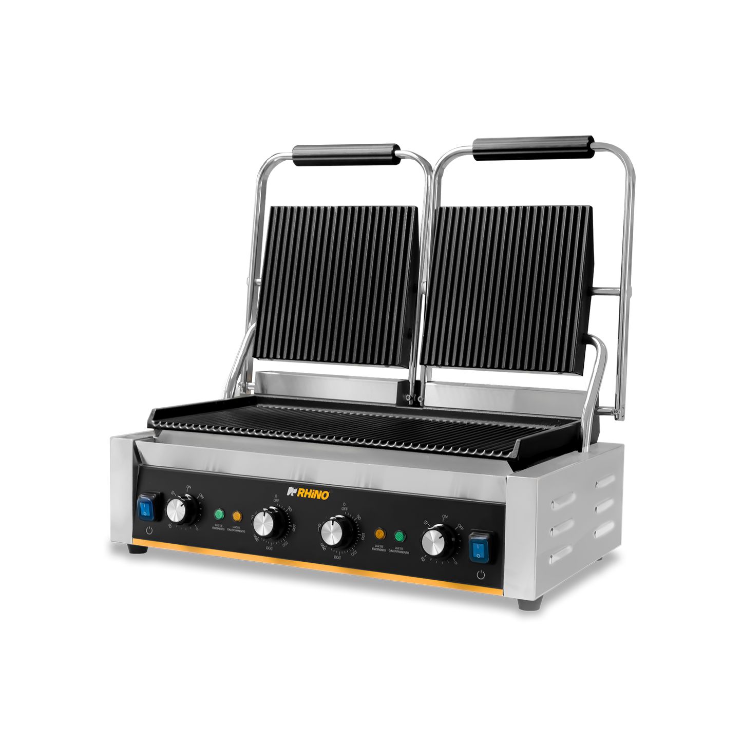 Plancha panini, plancha superior (21 x 21.5 cm) e inferior (28 x 24 cm) de hierro fundido, potencia de 3,600 W