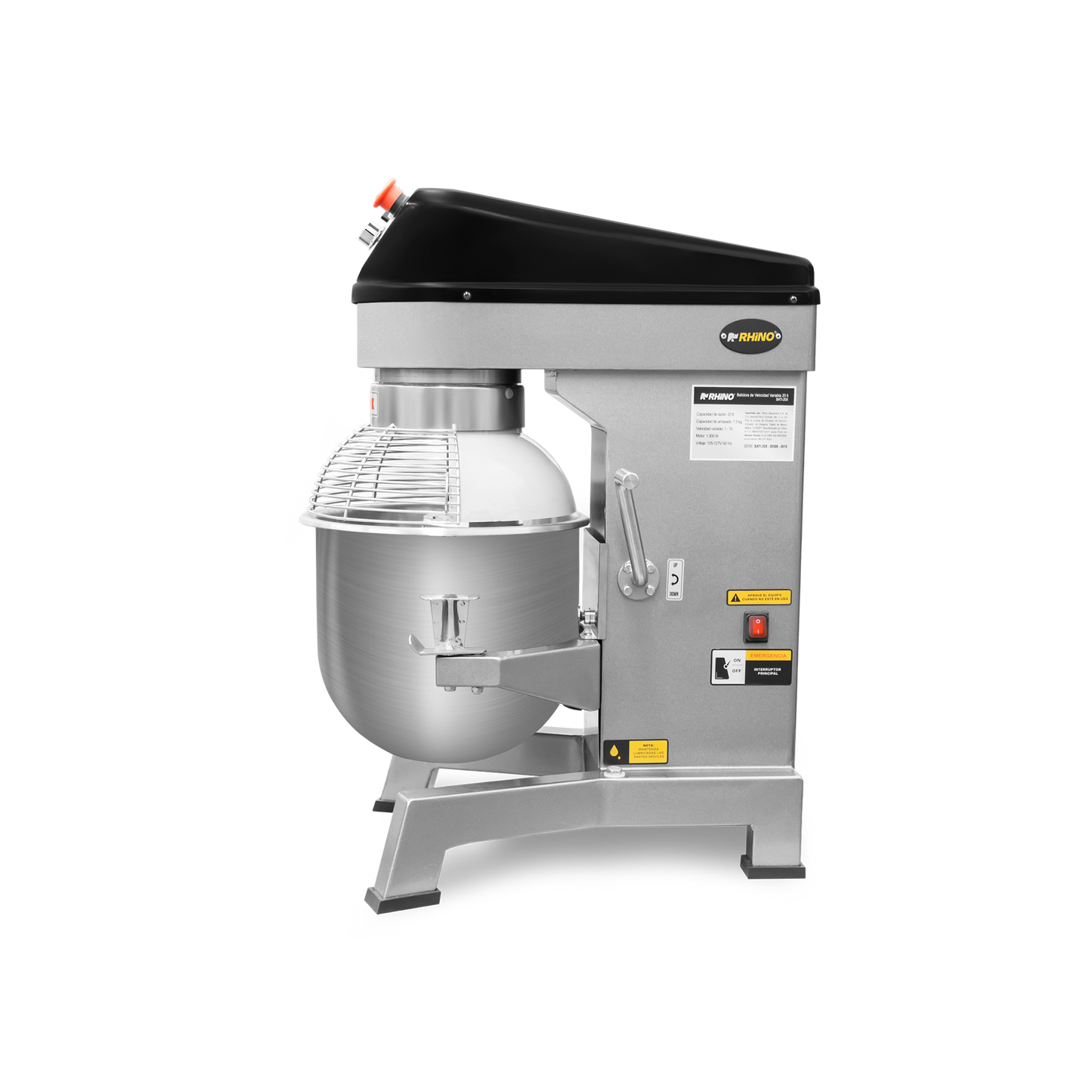 Batidora planetaria, de velocidad variable, capacidad de 20 lt, potencia de 1,000 W.