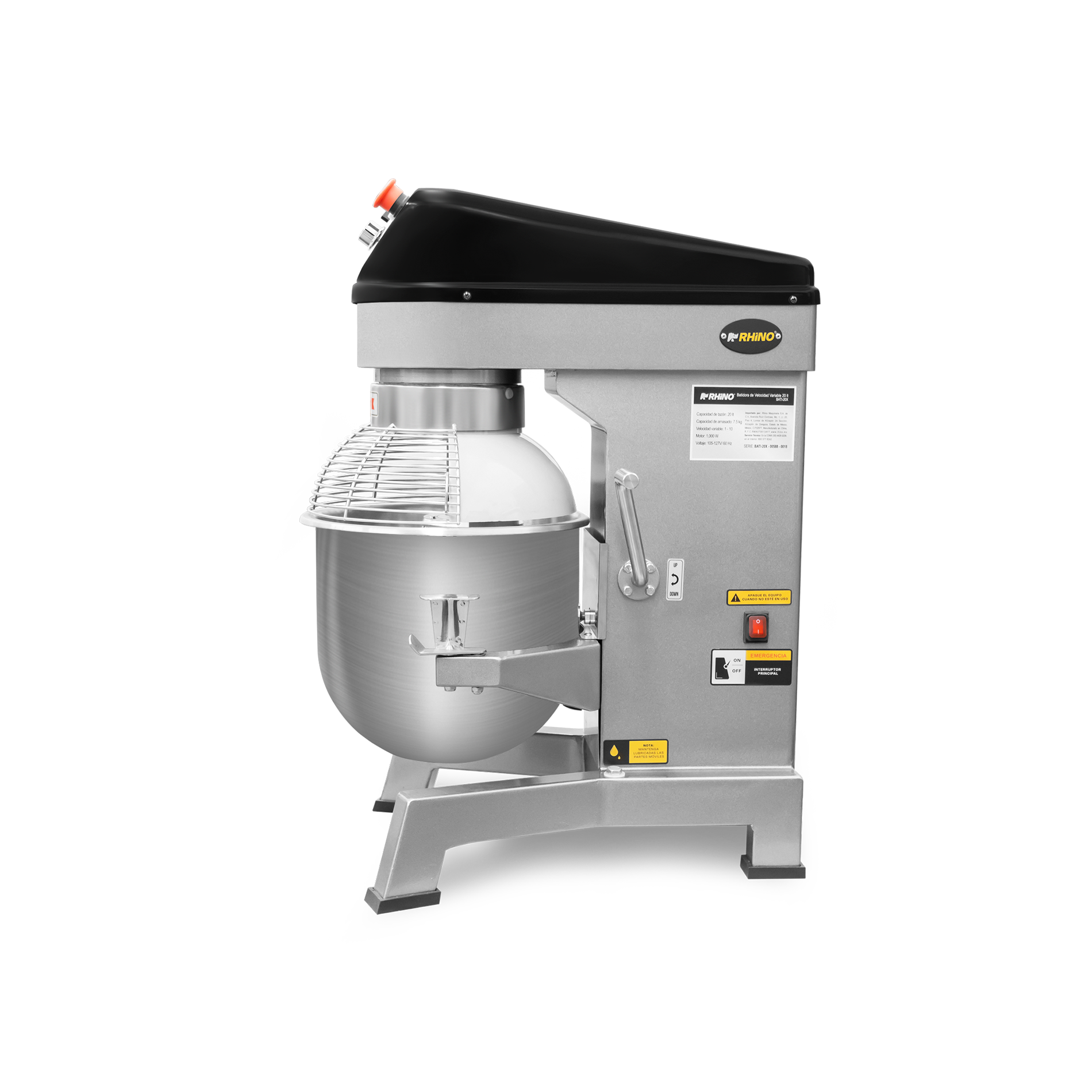 Batidora planetaria, de velocidad variable, capacidad de 20 lt, potencia de 1,000 W.