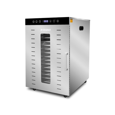 Deshidratador de alimentos, cuenta con 16 charolas de acero inoxidable de 40 x 38 cm.