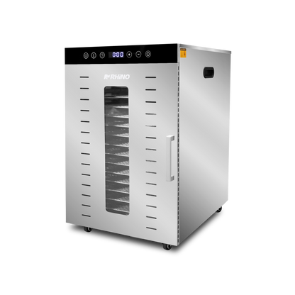 Deshidratador de alimentos, cuenta con 16 charolas de acero inoxidable de 40 x 38 cm.