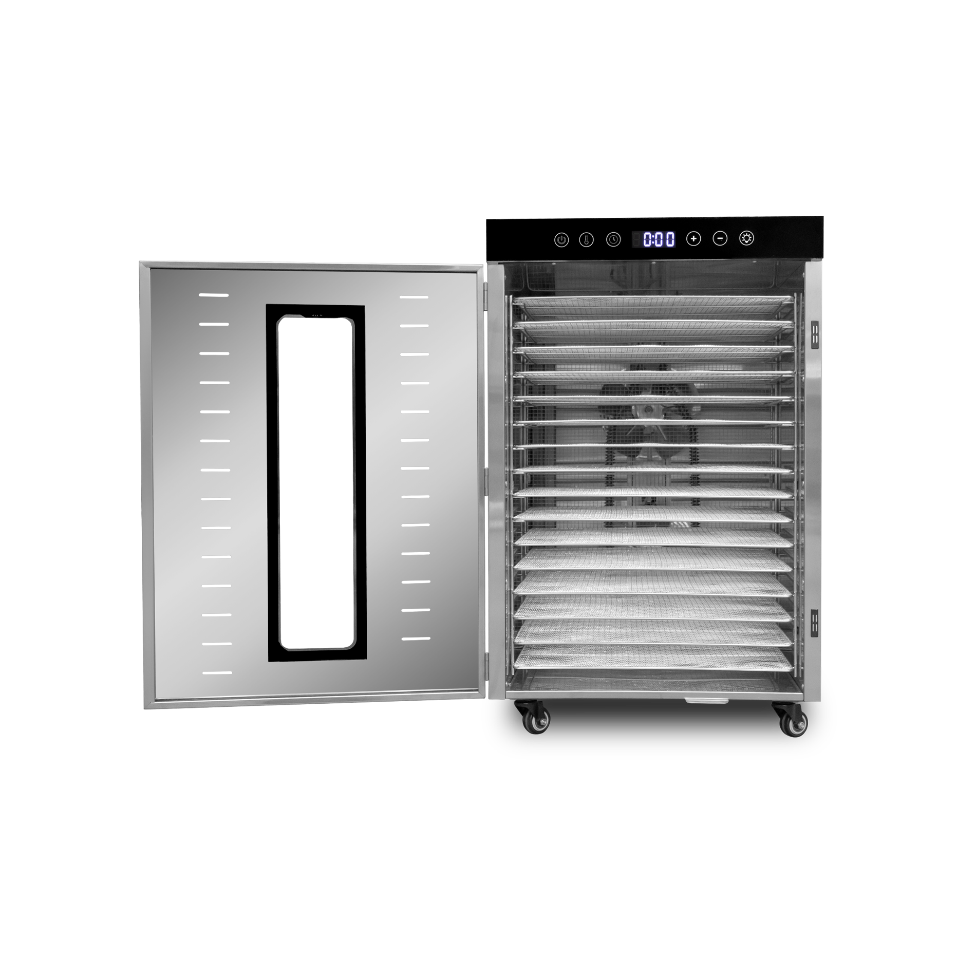 Deshidratador de alimentos, cuenta con 16 charolas de acero inoxidable de 40 x 38 cm.