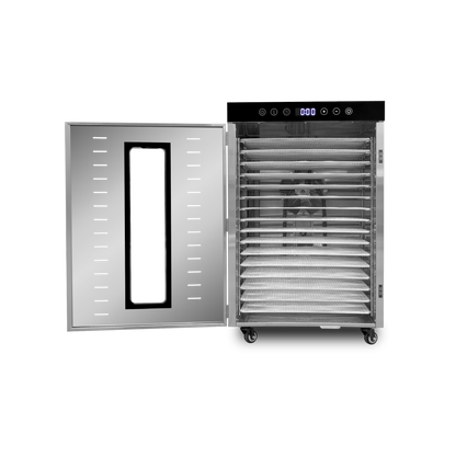 Deshidratador de alimentos, cuenta con 16 charolas de acero inoxidable de 40 x 38 cm.