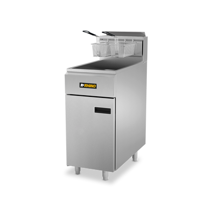 Freidora de gas natural, capacidad de tina de 24 litros.