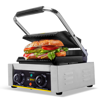 Plancha panini, plancha superior (21 x 21.5 cm) e inferior (28 x 24 cm) de hierro fundido, potencia de 1700 W