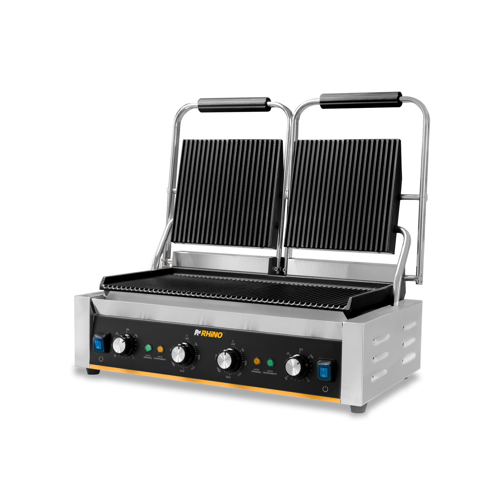 Plancha panini, plancha superior (21 x 21.5 cm) e inferior (28 x 24 cm) de hierro fundido, potencia de 3,600 W