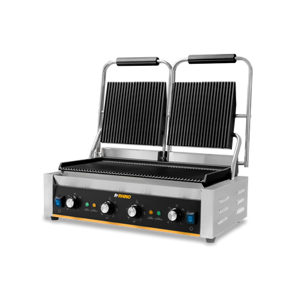 Plancha panini, plancha superior (21 x 21.5 cm) e inferior (28 x 24 cm) de hierro fundido, potencia de 3,600 W