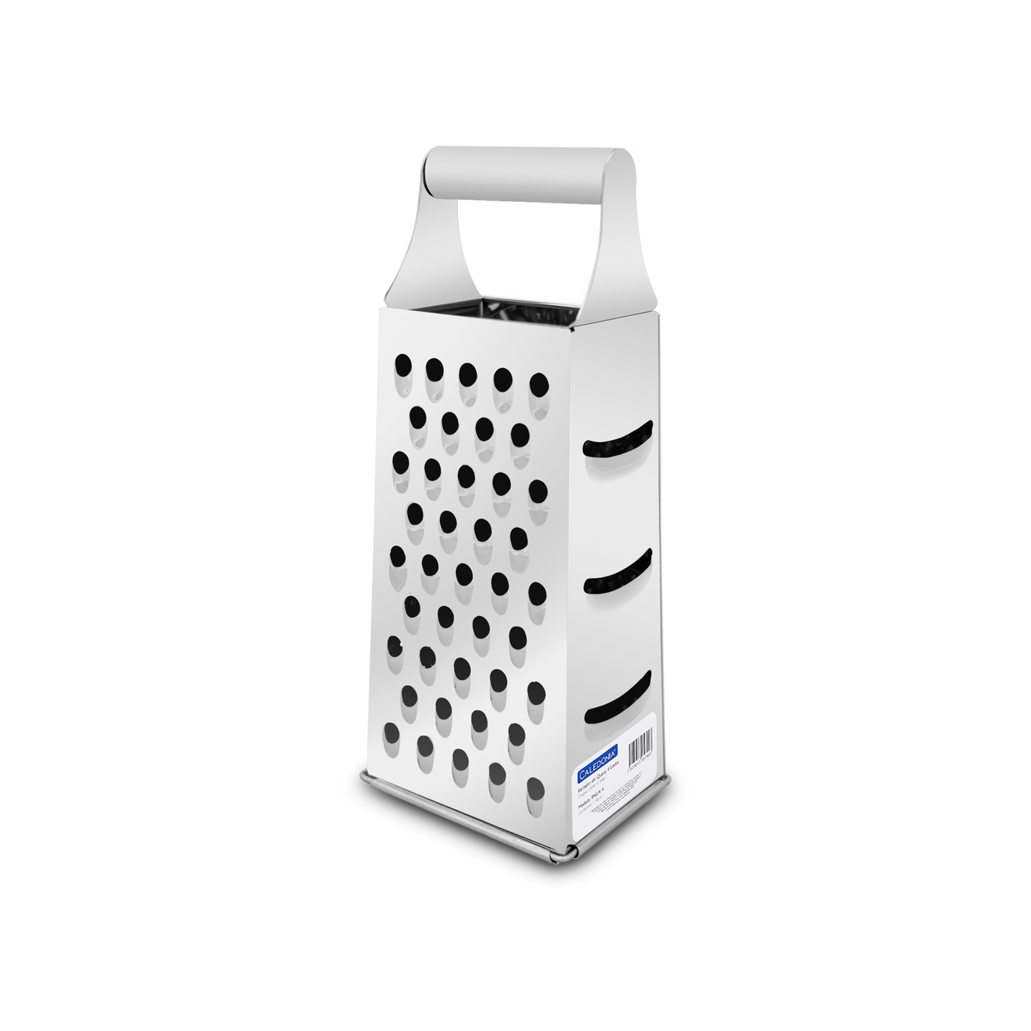 Rallador de queso de 4 lados, rallado fino, medio, grueso y rebanado. Material de acero inoxidable 430, dimensiones de 10.4 x 8 x 25.5 cm y espesor de 0.32 mm.