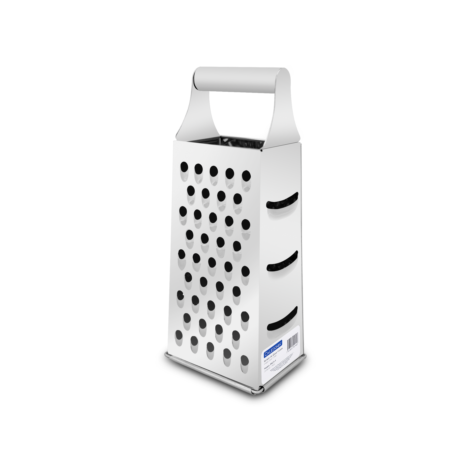 Rallador de queso de 4 lados, rallado fino, medio, grueso y rebanado. Material de acero inoxidable 430, dimensiones de 10.4 x 8 x 25.5 cm y espesor de 0.32 mm.