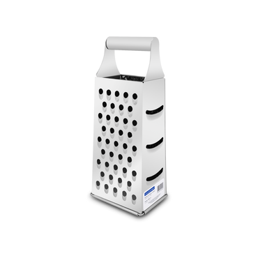 Rallador de queso de 4 lados, rallado fino, medio, grueso y rebanado. Material de acero inoxidable 430, dimensiones de 10.4 x 8 x 25.5 cm y espesor de 0.32 mm.