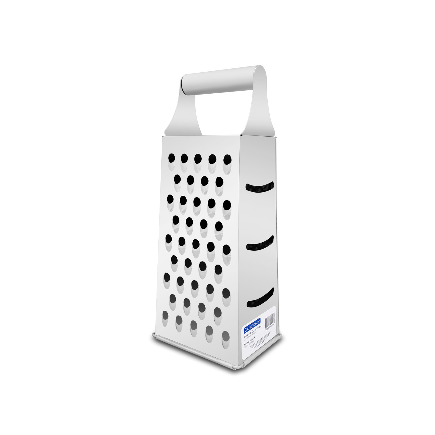 Rallador de queso de 4 lados, rallado fino, medio, grueso y rebanado. Material de acero inoxidable 430, dimensiones de 10.4 x 8 x 25.5 cm y espesor de 0.32 mm.