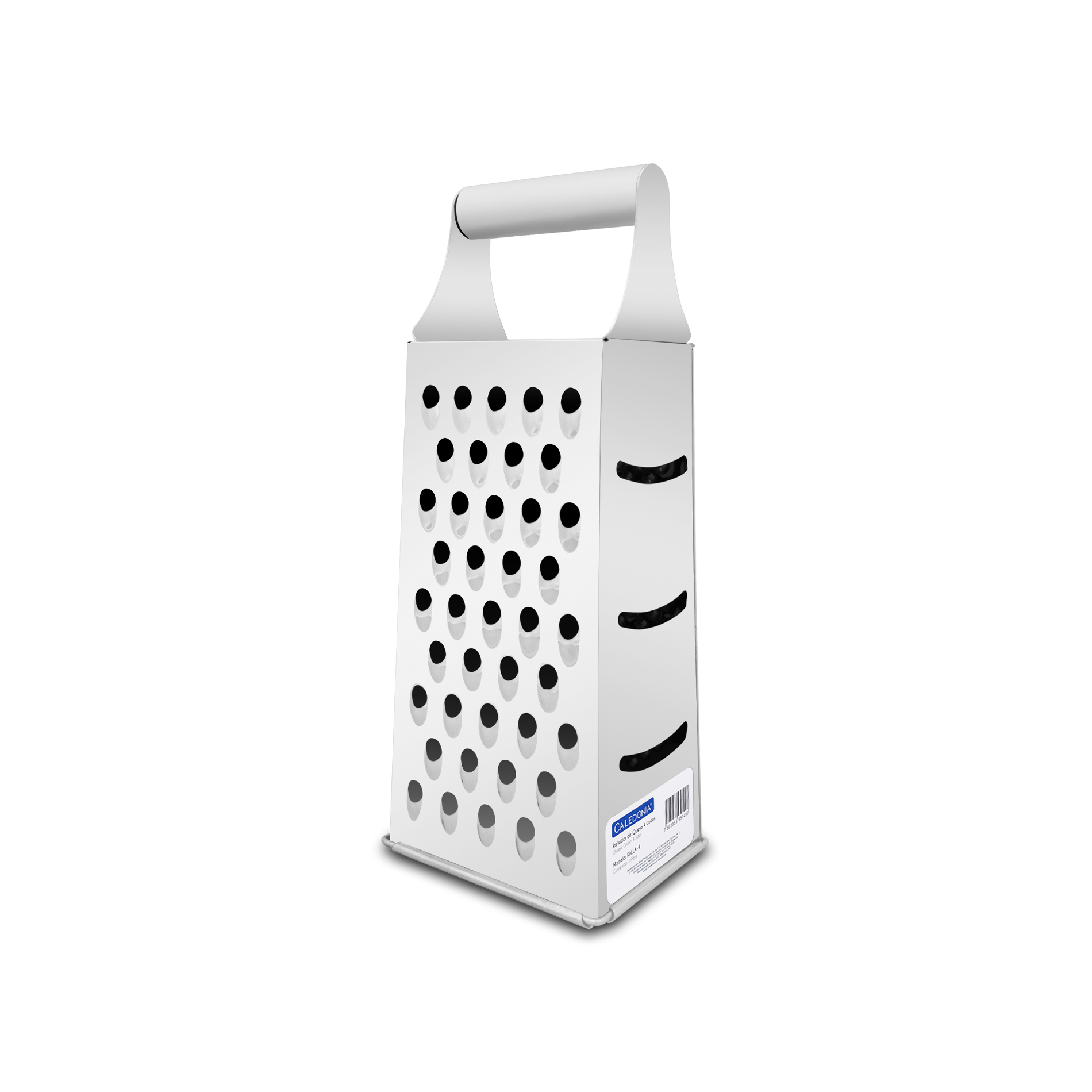 Rallador de queso de 4 lados, rallado fino, medio, grueso y rebanado. Material de acero inoxidable 430, dimensiones de 10.4 x 8 x 25.5 cm y espesor de 0.32 mm.