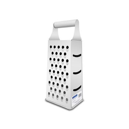 Rallador de queso de 4 lados, rallado fino, medio, grueso y rebanado. Material de acero inoxidable 430, dimensiones de 10.4 x 8 x 25.5 cm y espesor de 0.32 mm.