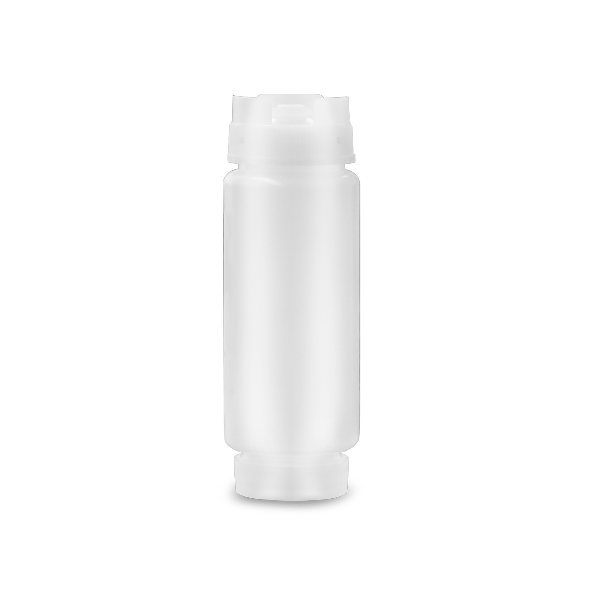 Recipiente para aderezo, de polipropileno, polietileno y silicona, con válvula, transparente 12 oz.